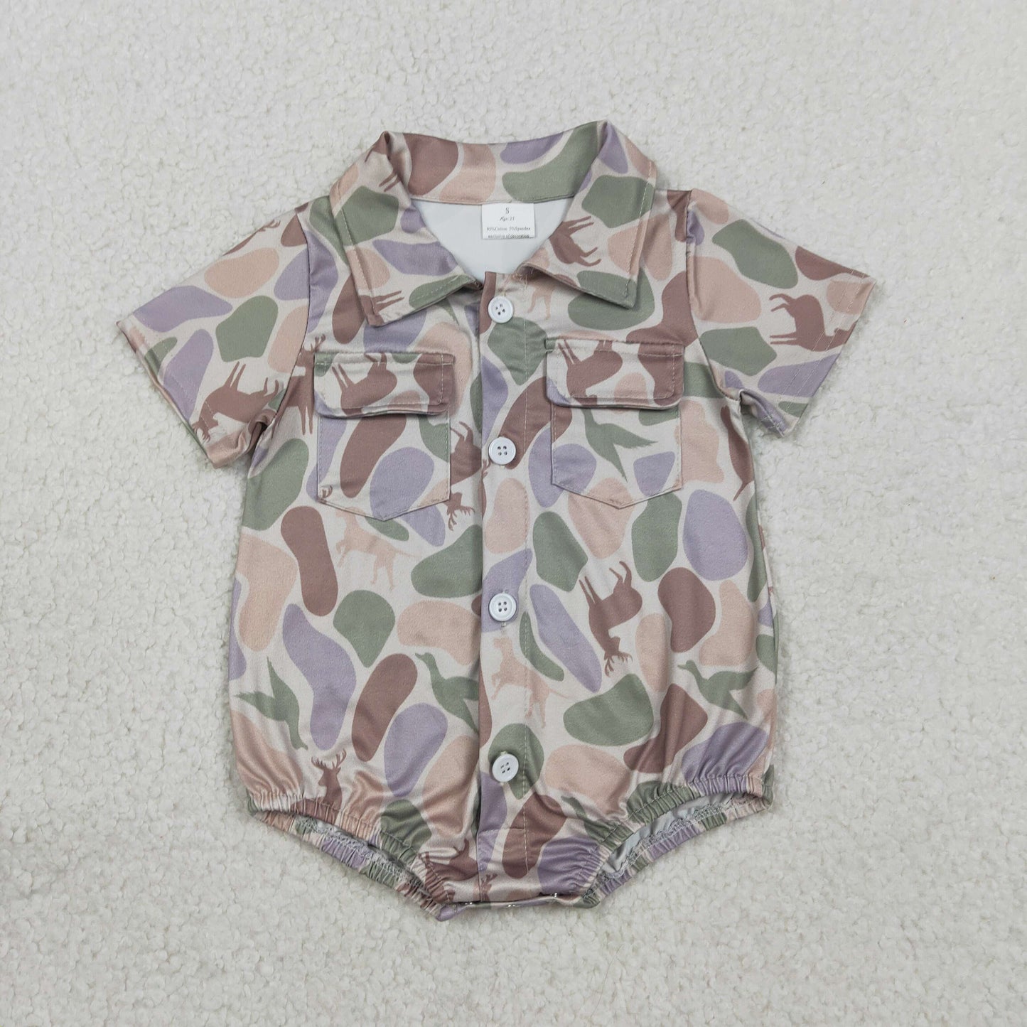 RTS Baby Boys Short Sleeves Ducks Deer Camo Buttons Pockets Romper