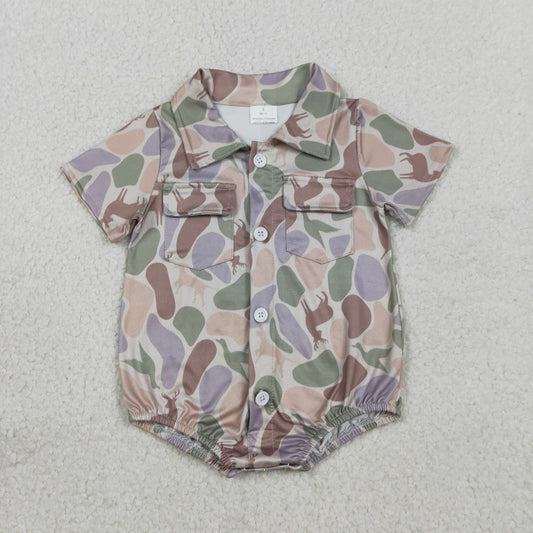 RTS Baby Boys Short Sleeves Ducks Deer Camo Buttons Pockets Romper