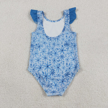 Baby Girl Kids Short Sleeves Blue Flower One Piece Swimsuit