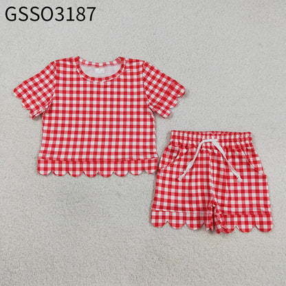 Baby Girls Kids Short Sleeves Plaid Shirt Scallop Shorts Red Clothes Set RTS
