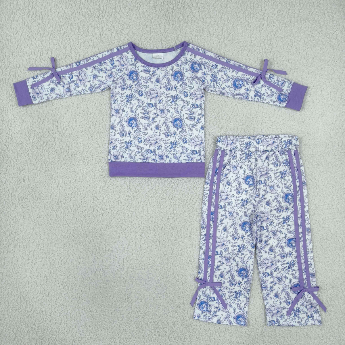 Baby Girls Kids Long Sleeves Flower Purple Bows Shirt Pockets Pants Set Clothes RTS