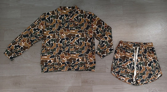 No moq Preorder Adult Women Long Sleeves Brown Camo Shirt Pockets Shorts Yoga Active Set Clothes