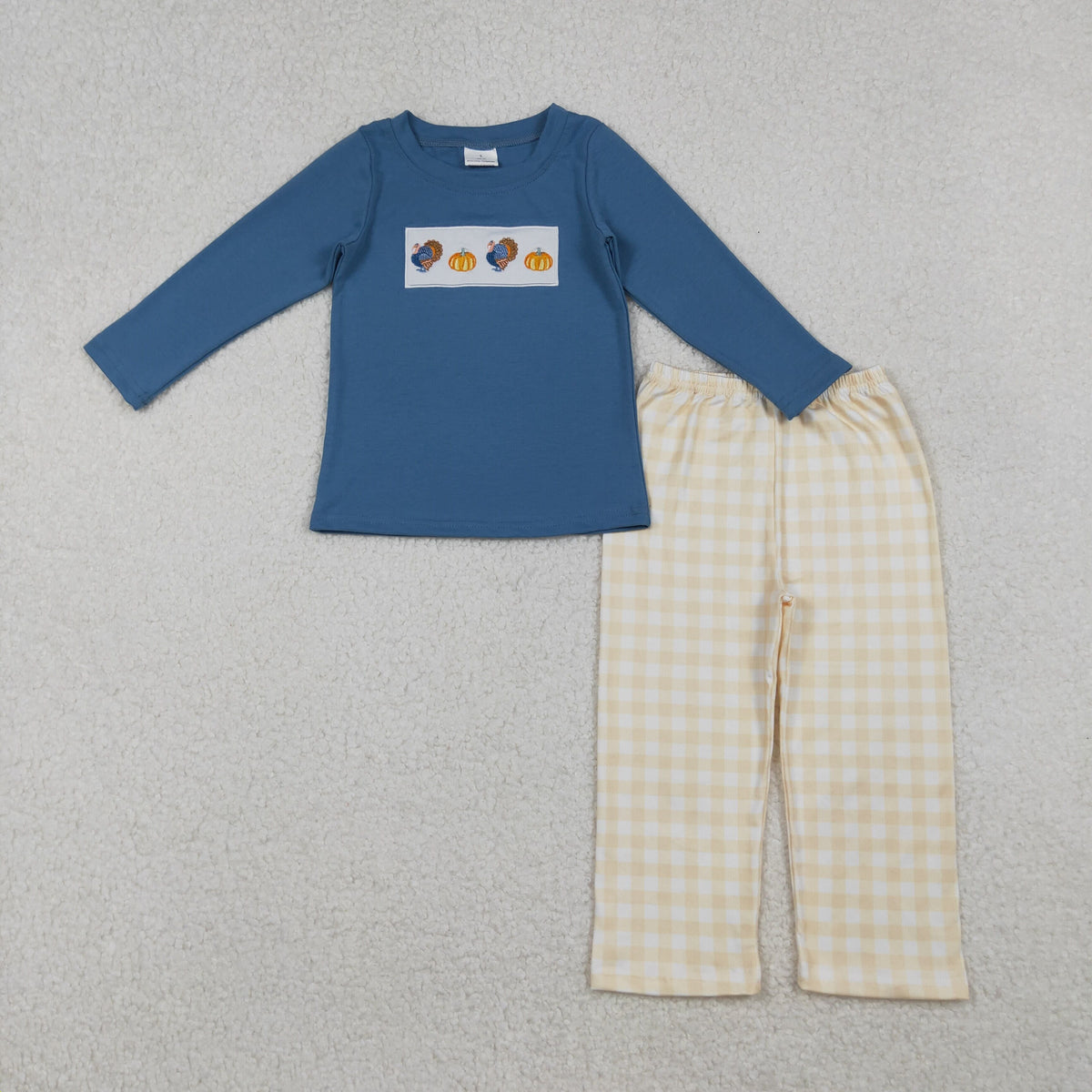 Baby Boy Embroidery turkey Pumpkins Shirt Plaid Pants Thanksgiving Fall Set