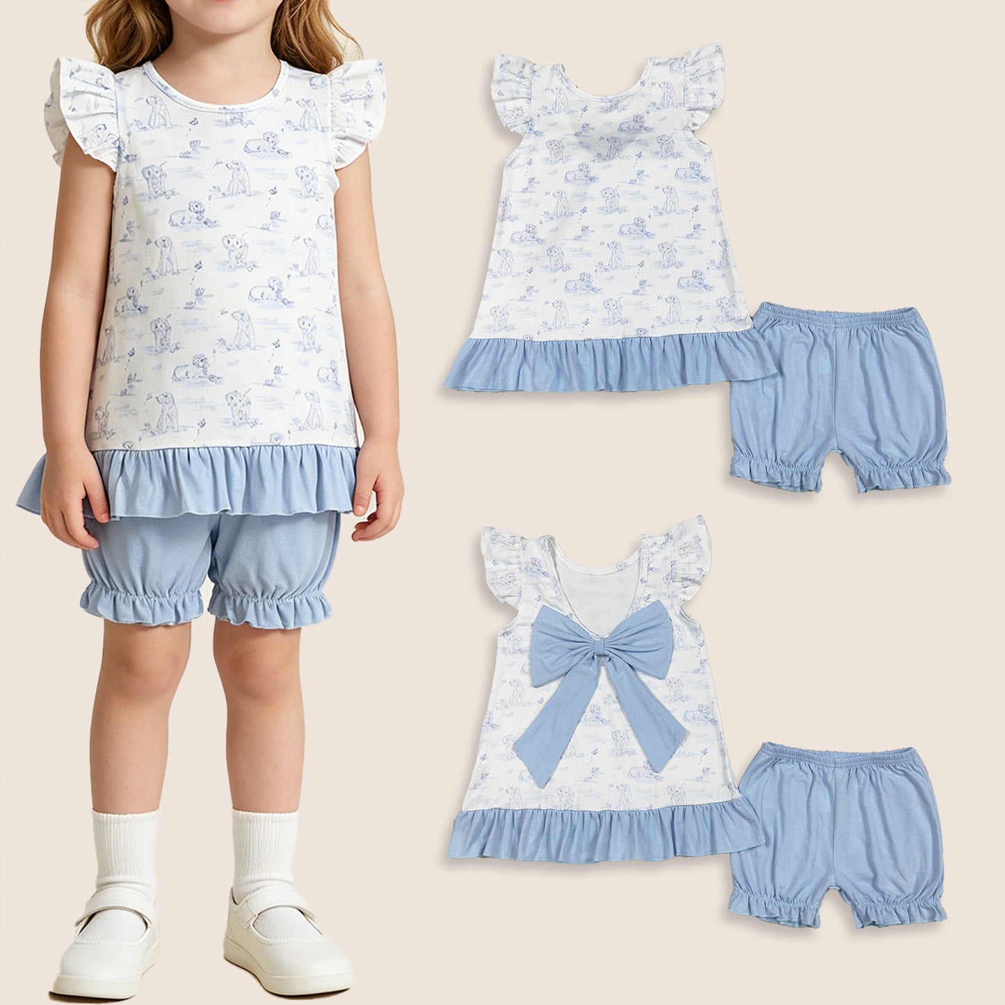 Baby Girls Kids Sleeveless Dogs Tops Blue Shorts Clothes Set