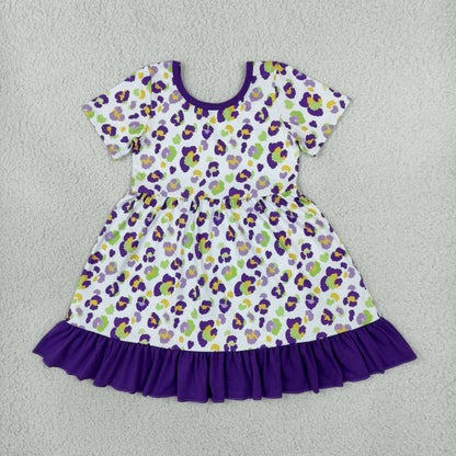 Sibling Baby Girls Kids Short Sleeves Leopard Romper Dress Set Mardi Gras Clothes
