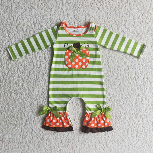 Promotion Baby Girl Embroidery Pumpkin Stripes Fall Romper