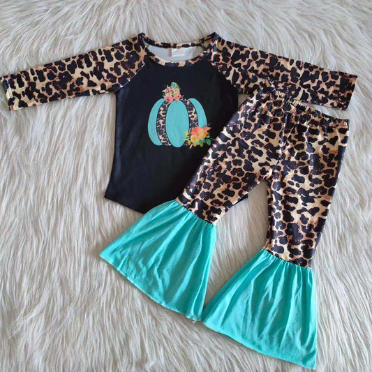 Promotion Baby Girl Long Sleeves Pumpkin Shirt Leopard Pants Fall Outfit