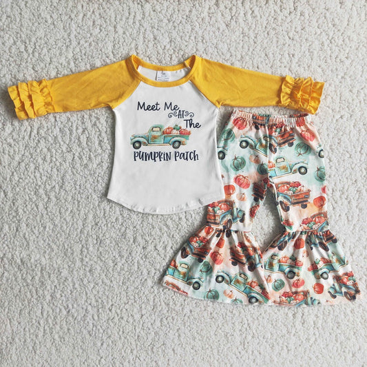 Promotion Baby Girl Long Sleeves Pumpkin Truck Bell Pants Fall Outfit