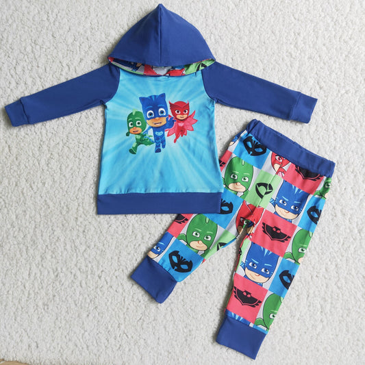 Promotion Baby Boy Blue Hoodie Cartoon Pants Outfit