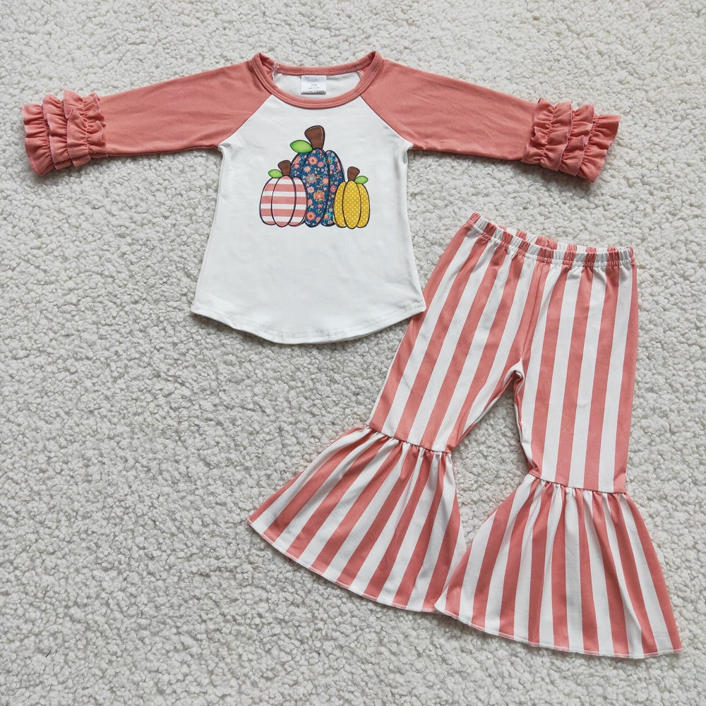 Promotion Baby Girl Long Sleeves Pumpkin Shirt Stripes Bell Pants Fall Outfit