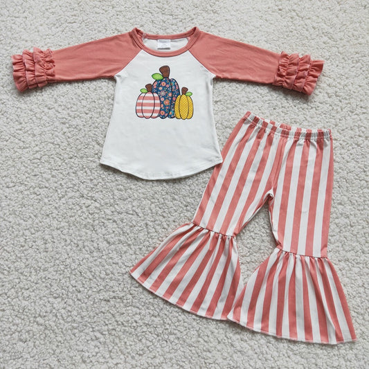 Promotion Baby Girl Long Sleeves Pumpkin Shirt Stripes Bell Pants Fall Outfit