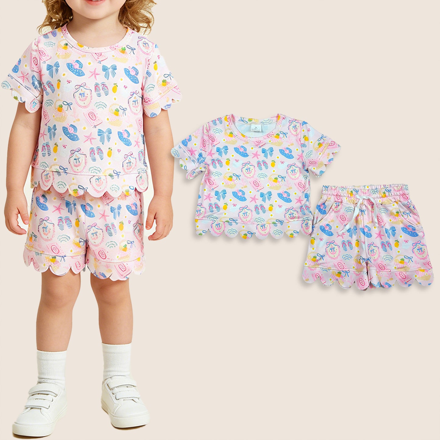 Baby Girl Kids Short Sleeves Bows Shirt Shorts Scallop Set Summer Clothes