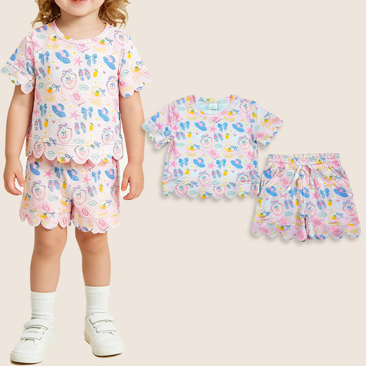 Baby Girl Kids Short Sleeves Bows Shirt Shorts Scallop Set Summer Clothes
