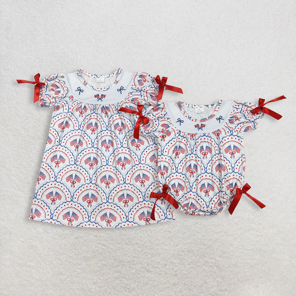RTS Sibling Baby Girls Kids Short Sleeves Embroidery Flags Bows Stars 4th of July Romper Dress