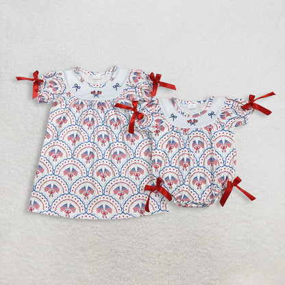 RTS Sibling Baby Girls Kids Short Sleeves Embroidery Flags Bows Stars 4th of July Romper Dress