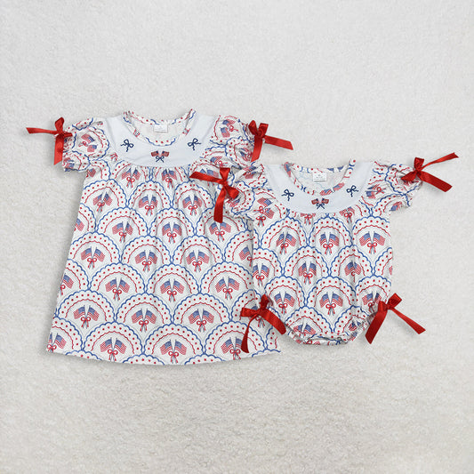 RTS Sibling Baby Girls Kids Short Sleeves Embroidery Flags Bows Stars 4th of July Romper Dress