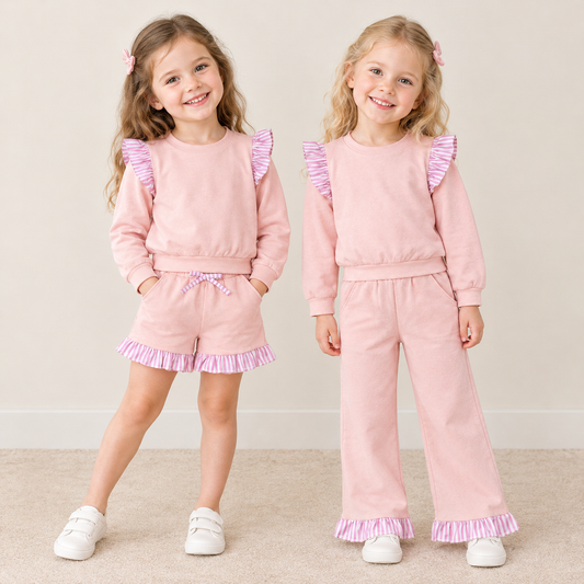 Sibling Baby Girls Kids Long Sleeves Shirts Pockets Shorts Pants Cotton Pink Sets Clothes