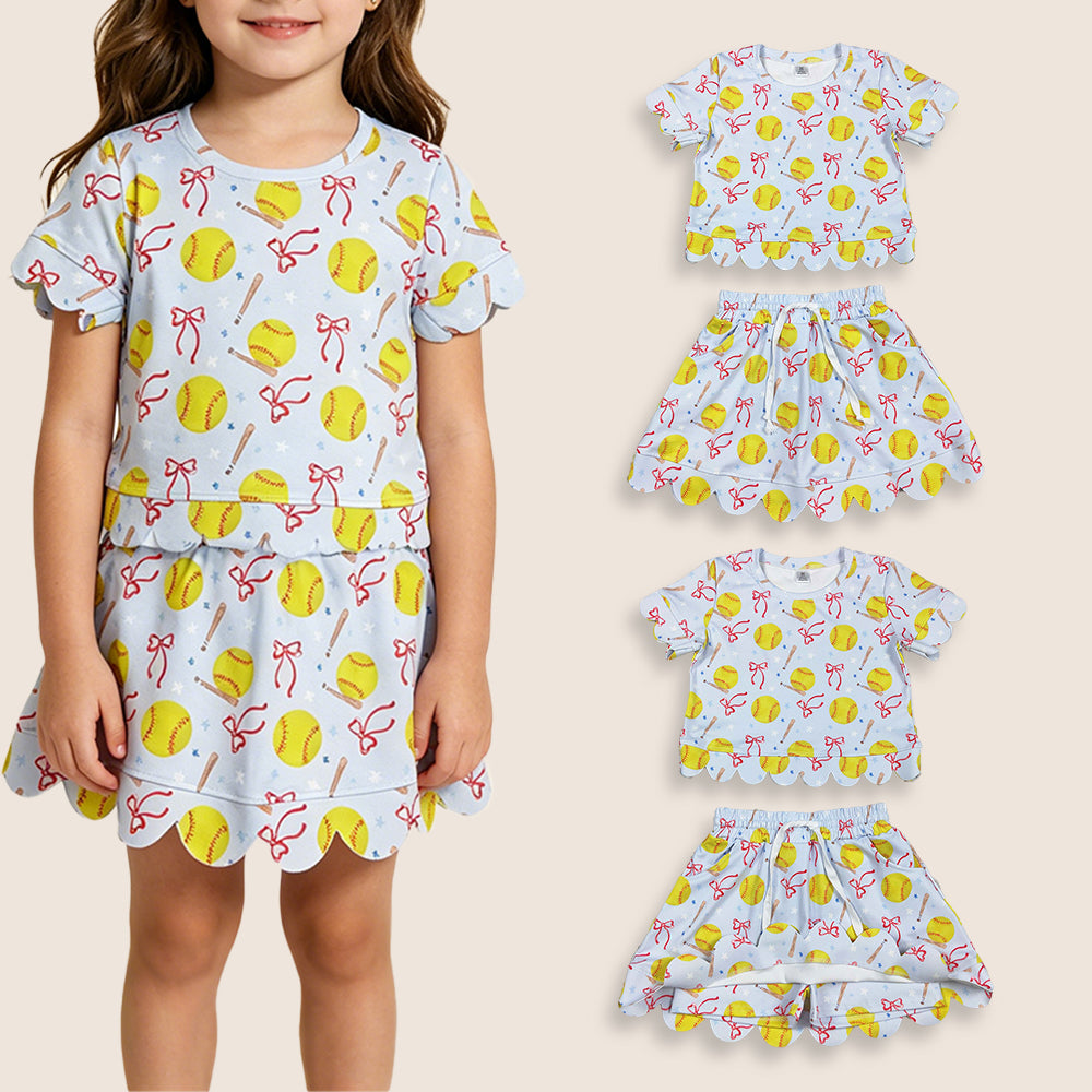 Baby Girls Kids Short Sleeves Softball Bows Shirt Shorts Skirt Yoga Active Clothes Set