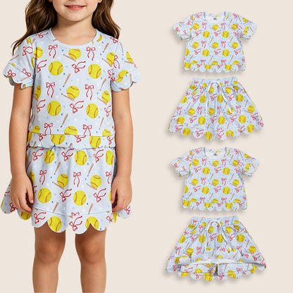 Baby Girls Kids Short Sleeves Softball Bows Shirt Shorts Skirt Yoga Active Clothes Set