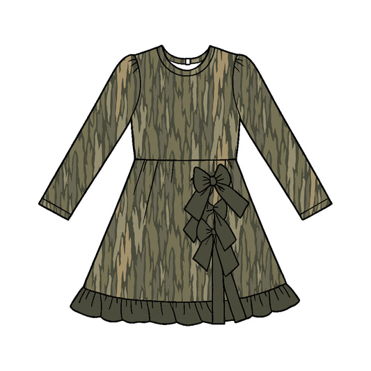 Moq 5 Custom Baby Girls Kids Long Sleeves Camo Bows Knee Length Dress Yoga Clothes