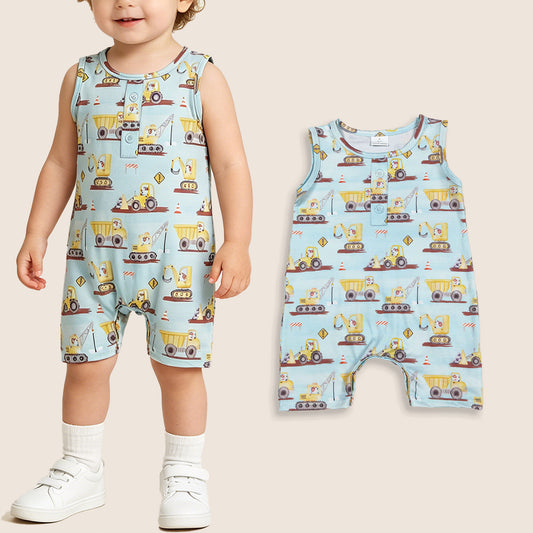 Baby Boys Kids Sleeveless Construction Trucks Summer Romper