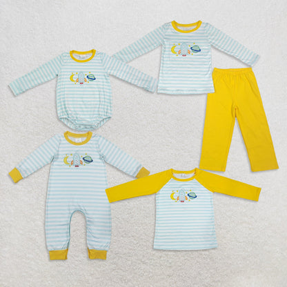 Sibling Baby Boys Kids Embroidery Space Rocket Stripes Romper Shirt Set Clothes