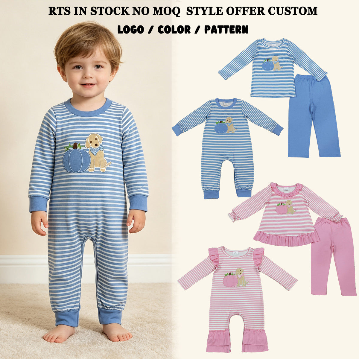 Sibling Baby Boys Girls Embroidery Pumpkins Dogs Stripes Rompers Sets Thanksgiving Clothes