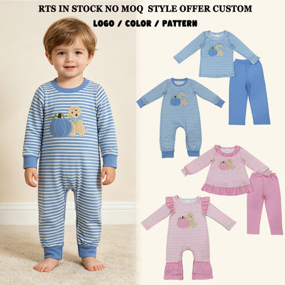 Sibling Baby Boys Girls Embroidery Pumpkins Dogs Stripes Rompers Sets Thanksgiving Clothes