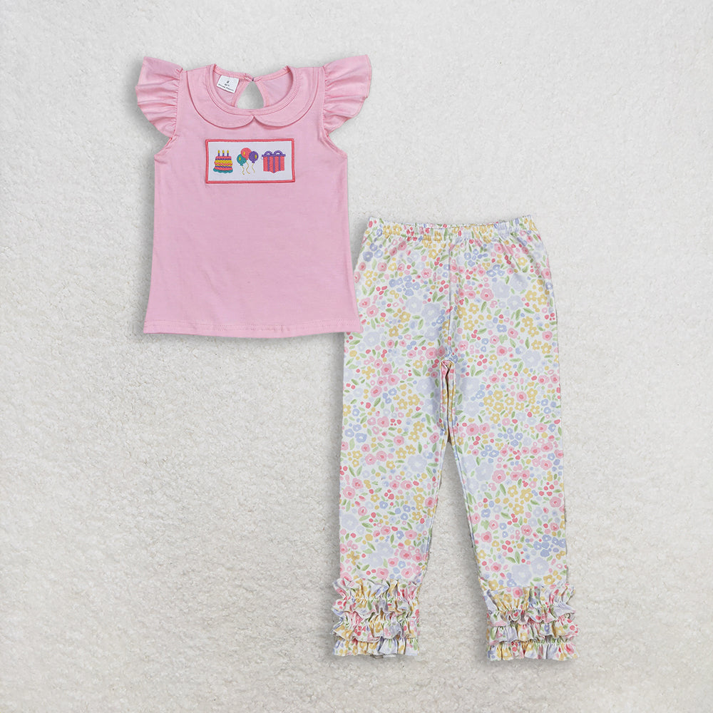 RTS Baby Girl Kids Short Sleeves Embroidery Shirt Floral Ruffle Pants Birthday Set Clothes