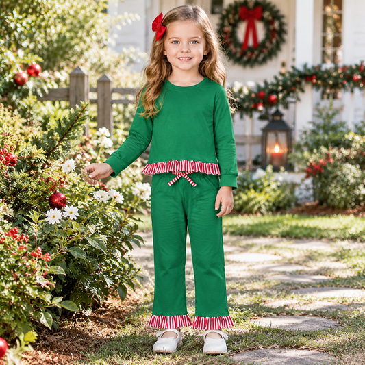 Baby Girls Kids Stripes Ruffle Shirt Pockets Pants Green Cotton Set Christmas Clothes