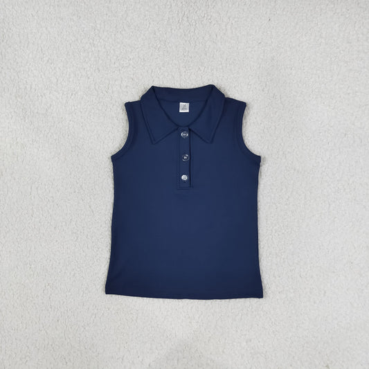 Baby Girl Toddler Sleeveless Yoga Active Navy Blue Buttons Shirt
