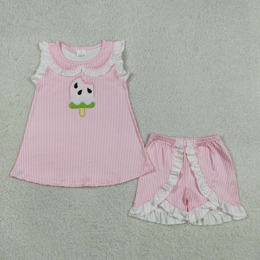 Baby Girls Kids Embroidery Popsicle Tops Pink Stripes Ruffle Shorts Summer Set