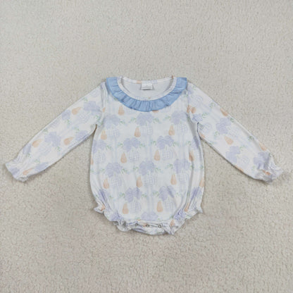 Baby Girl Long Sleeves Pumpkin Blue Bows Ruffle Bubble Fall Romper