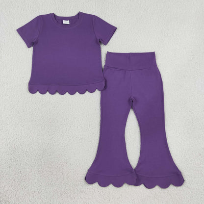 Baby Girls Kids Short Sleeves Purple Shirt Pants Scallop Set Clothes