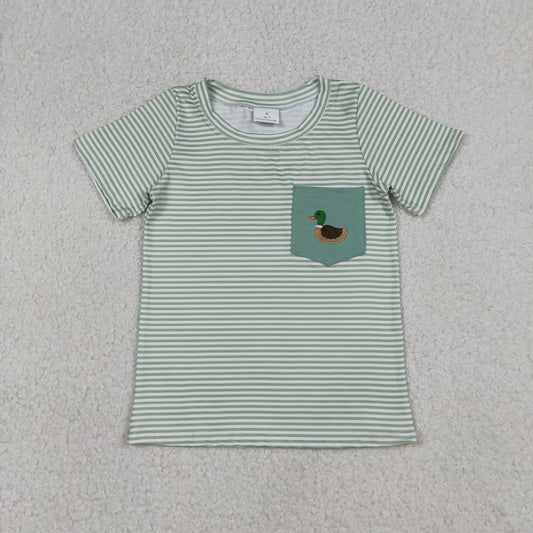 Baby Boys Short Sleeves Embroidery Duck Pocket Green Stripes Shirt Tops