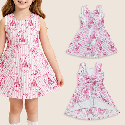 Baby Girls Kids Sleeveless Castles Bows Floral Shorts Knee Length Pink Dress