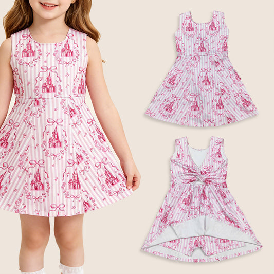 Baby Girls Kids Sleeveless Castles Bows Floral Shorts Knee Length Pink Dress