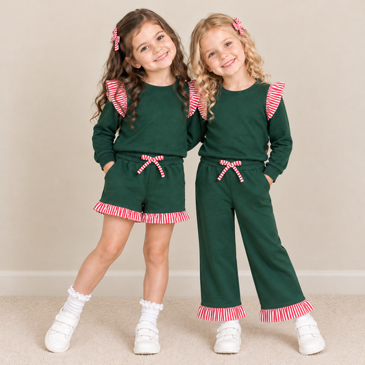 Sibling Baby Girls Kids Long Sleeves Shirts Pockets Shorts Pants Cotton Green Sets Christmas Clothes