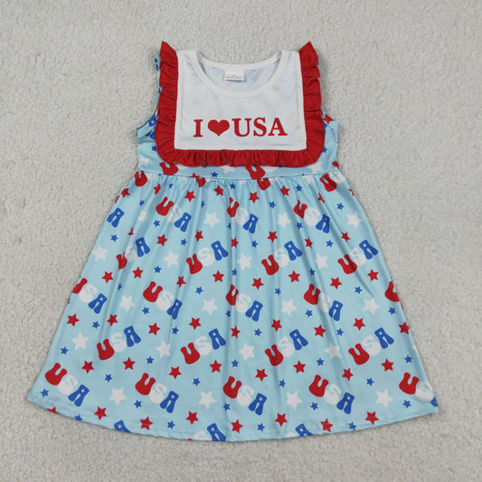 Baby Girls Kids Sleeveless I Love USA 4th of July Ruffle Knee Length Dress