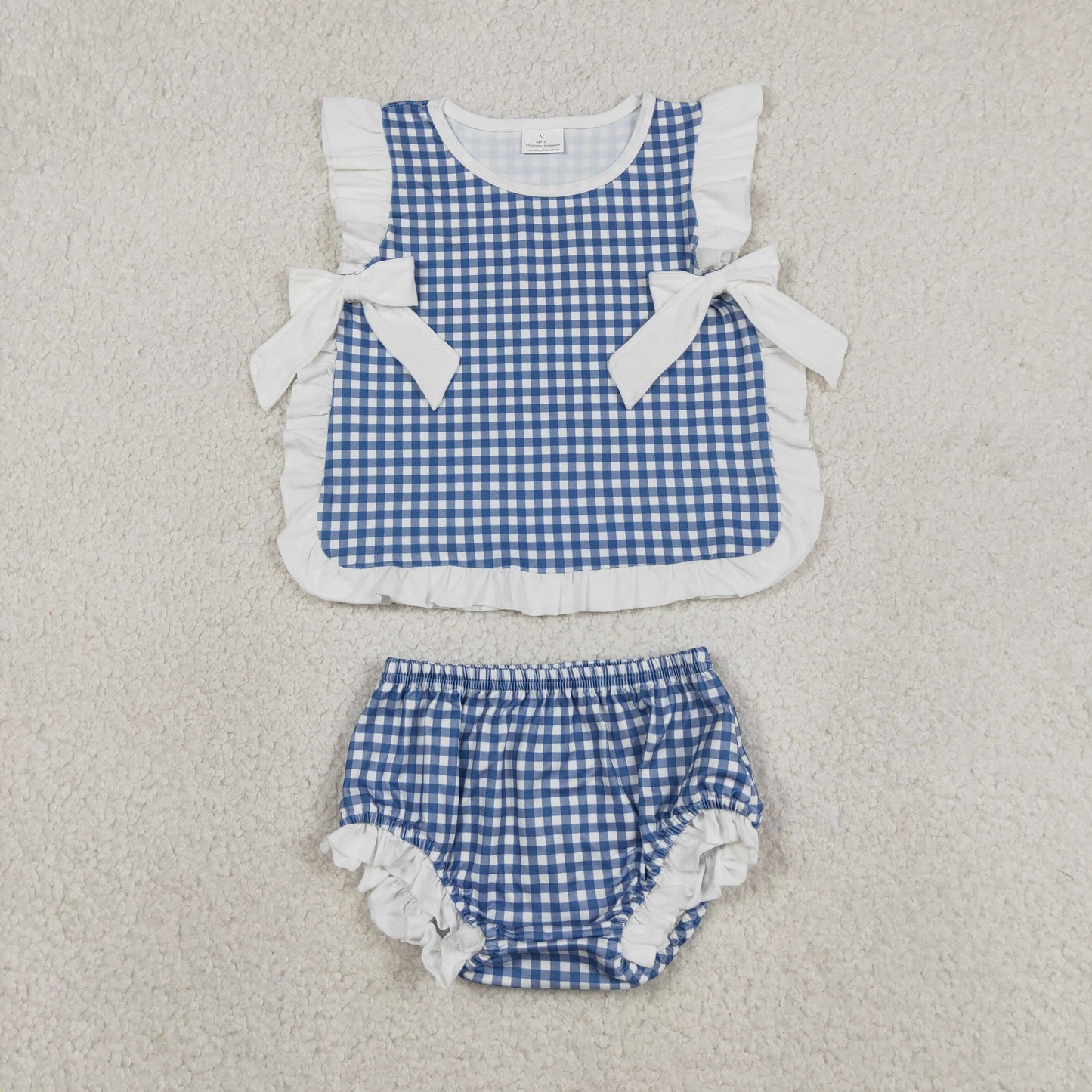 Baby Girl Kids Plaid Bows Tops Bummie Shorts Set Blue Clothes