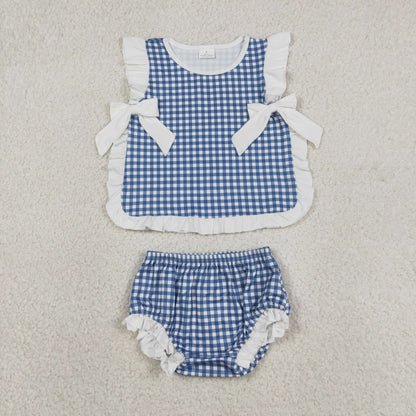 Baby Girl Kids Plaid Bows Tops Bummie Shorts Set Blue Clothes