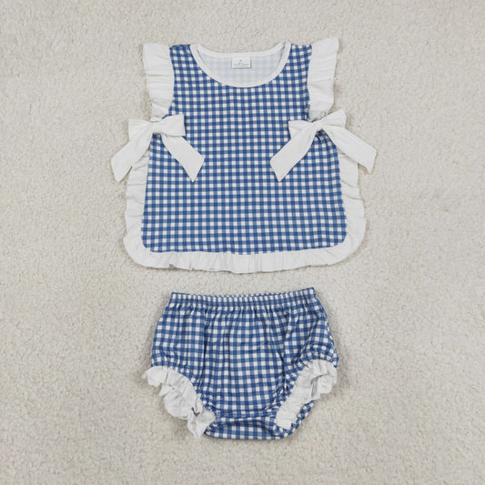 Baby Girl Kids Plaid Bows Tops Bummie Shorts Set Blue Clothes