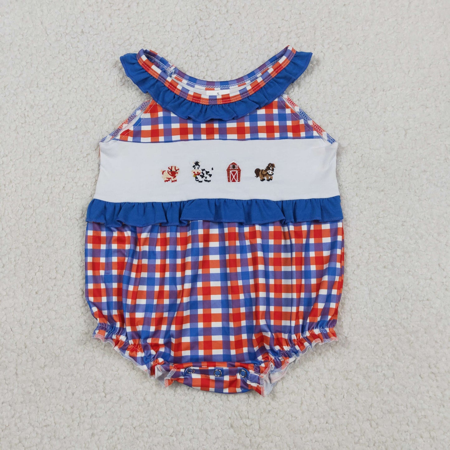 Baby Girls Infant Embroidery Farm Animals Plaid Summer Bubble Romper