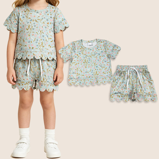Baby Girls Toddler Short Sleeves Floral Shirt Shorts Summer Green Set