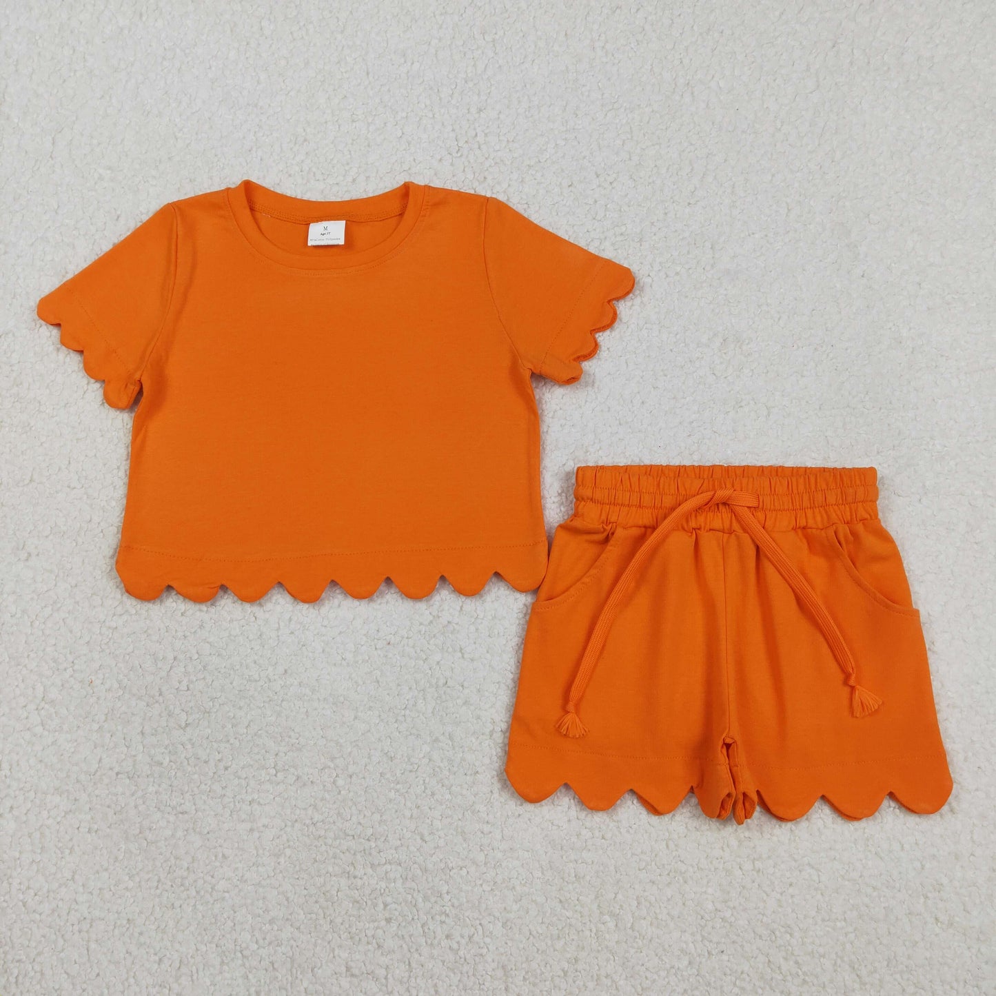 Baby Girls Short Sleeves Orange Shirt Scallop Shorts Girls Summer Clothes Set RTS