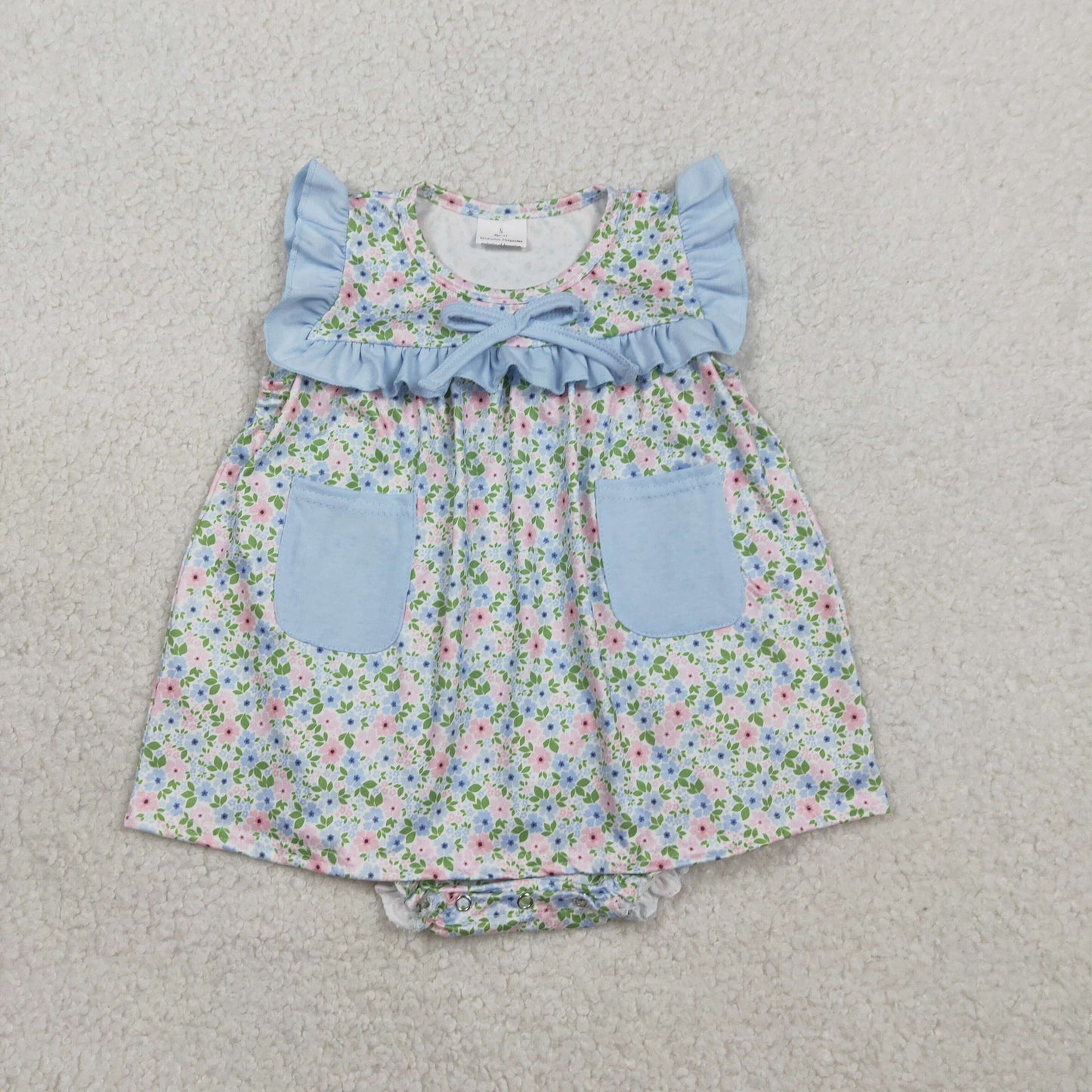 RTS Baby Girls Infant Floral Blue Pockets Bummie Ruffle Romper