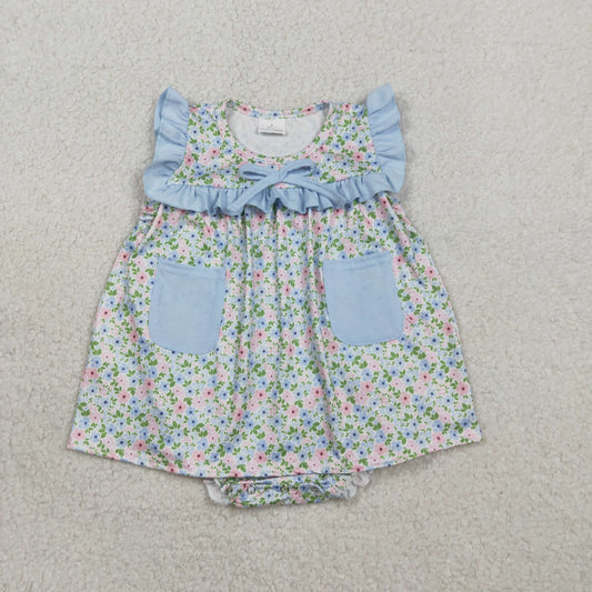 RTS Baby Girls Infant Floral Blue Pockets Bummie Ruffle Romper