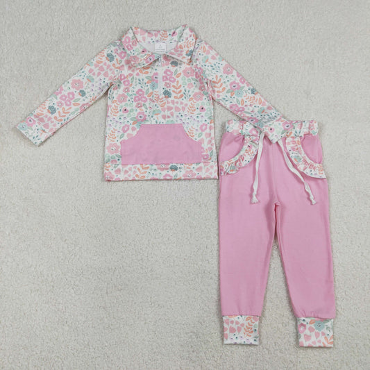 RTS Baby Girls Long Sleeves Flower Zipper Shirt Ruffle Pockets Pink Pants Clothes Set