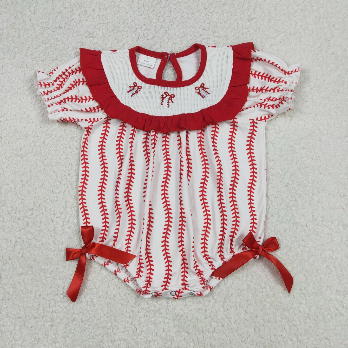 Baby Girls Short Sleeves Embroidery Bows Baseball Team Red Ruffle Smocked Bubble Romper
