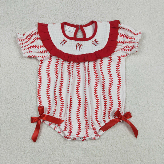 Baby Girls Short Sleeves Embroidery Bows Baseball Team Red Ruffle Smocked Bubble Romper